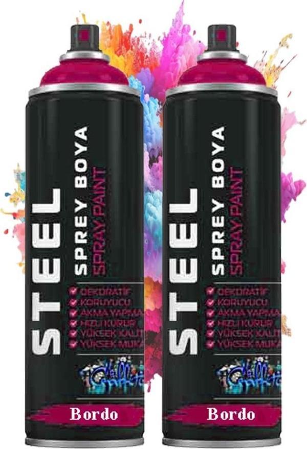 Bordo Sprey Boya 200 ml 2 Adet Hızlı Kuruyan Profesyonel Ahşap Plastik Demir Metal Cam Porselen Duvar Renkli - Image 1