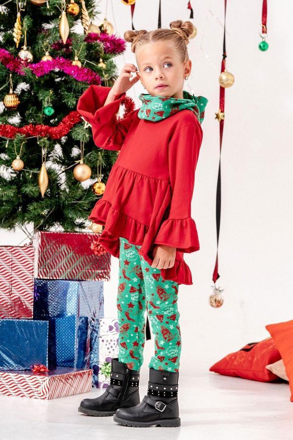 Beniizle Fırfır Detaylı Bandanalı Taytlı 3'Lü Kız Noel Takım - Image 1