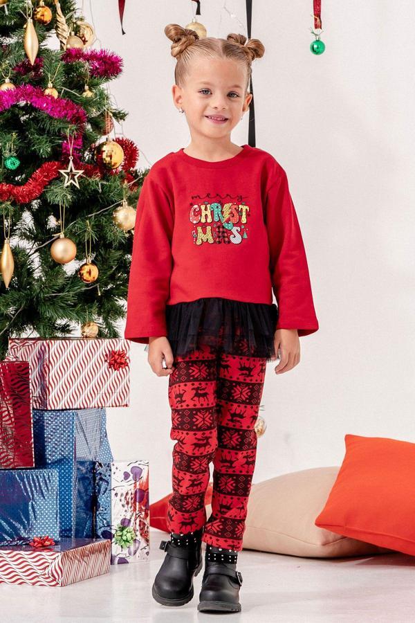 Beniizle Yılbaşı Desenli Tül Detaylı Taytlı Kız Çocuk Noel Takım - Image 1