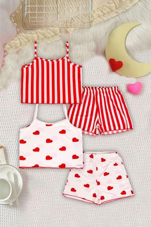 Beniizle Kalpli Ve Çizgili Askılı Üst, Şort 2'Li Kız Çocuk Pijama Takımı - Image 1