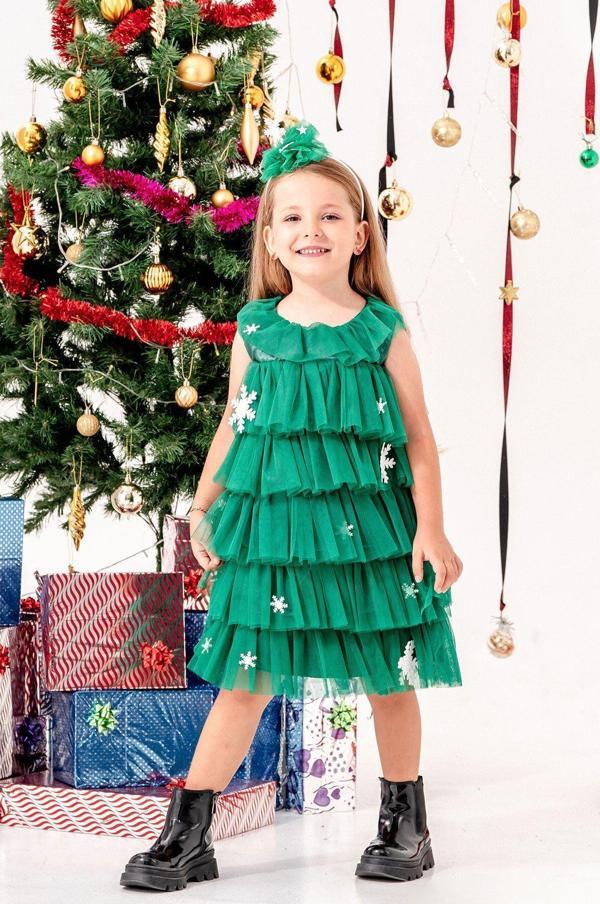 Beniizle Kartanesi Detaylı Tokalı Kız Çocuk Noel Elbise - Image 1