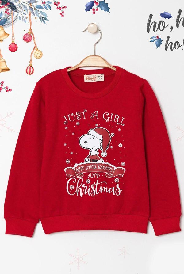 Beniizle Snoopy Baskılı Yılbaşı Temalı 2 İp Şardonlu Kız Çocuk Sweatshirt - Image 1