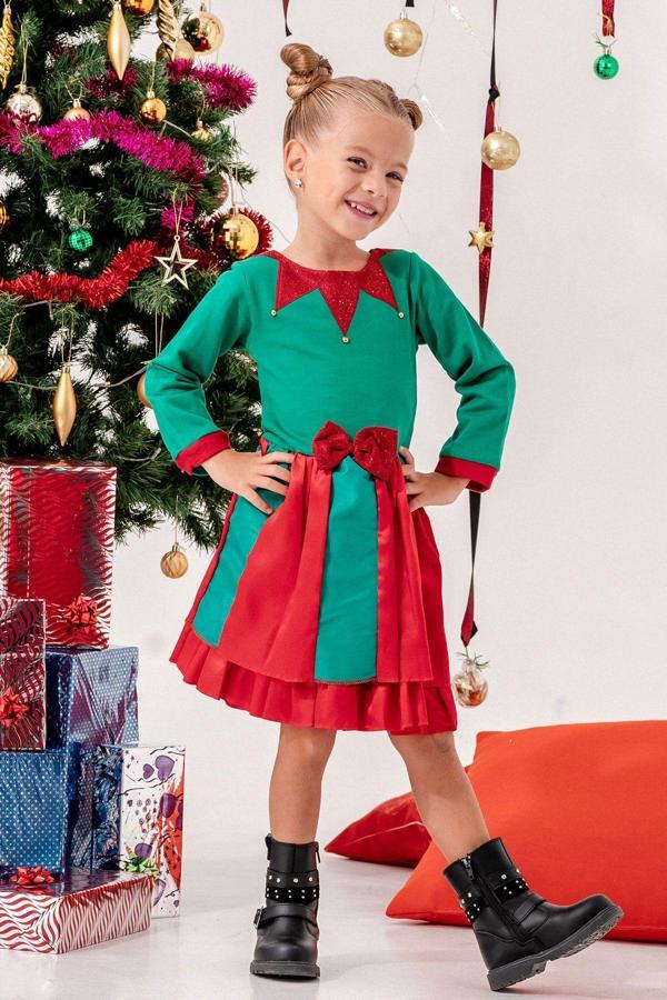 Beniizle Fiyonk Detaylı Palyaço Yakalı Kız Çocuk Noel Elbise - Image 1