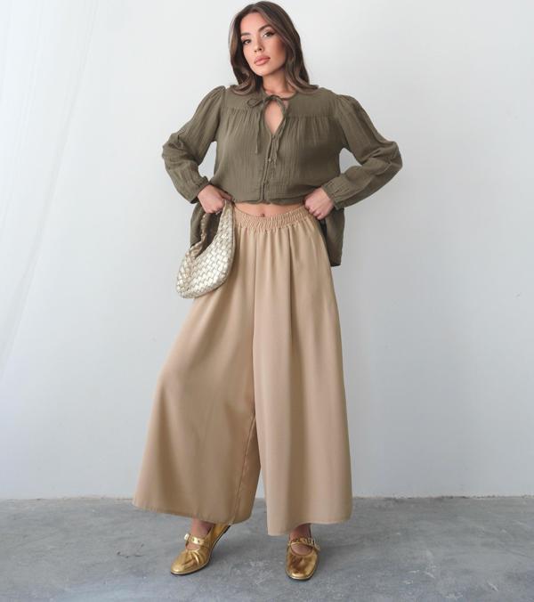 Beli Lastikli Geniş Kesim Kloş Double Krep Pantolon Etek 5187 - Bej - Image 1