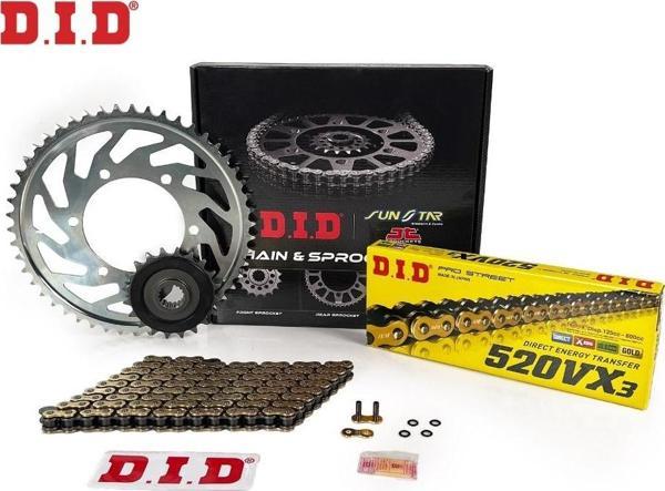 ZİNCİR DİŞLİ SETİ BAJAJ DOMINAR UG 400cc ZİNCİR: DID-520VX3 Gold-120 ÖN-ARKA DİŞLİ: JT15T-45T 2017-2023 - Image 1