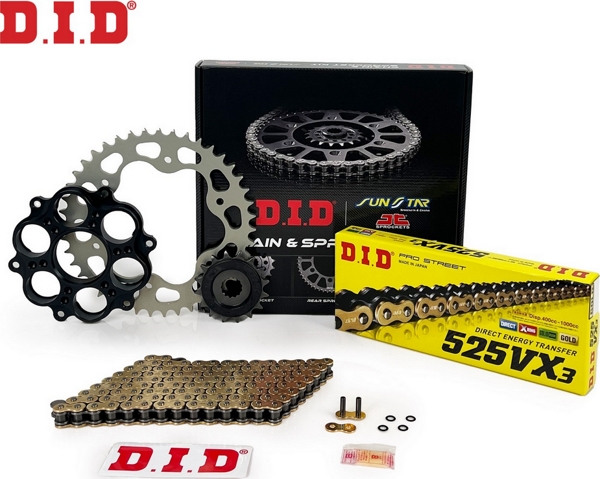 ZİNCİR DİŞLİ SETİ DUCATI MONSTER 796cc ZİNCİR: DID-525VX3 Gold-104 ÖN-ARKA DİŞLİ: JT 15T-39T 2011-2015 - Image 1