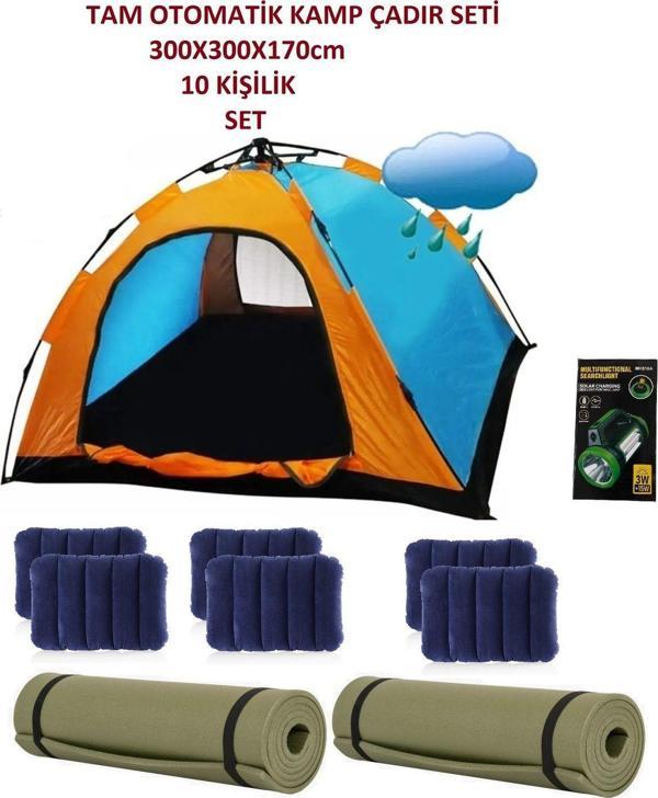 Mubx 10 Kişilik Tam Otomatik Çadır Seti 4'Lü Kamp Matı+4'Lü Yastık+Solar Lamba Çadır Seti - Image 1