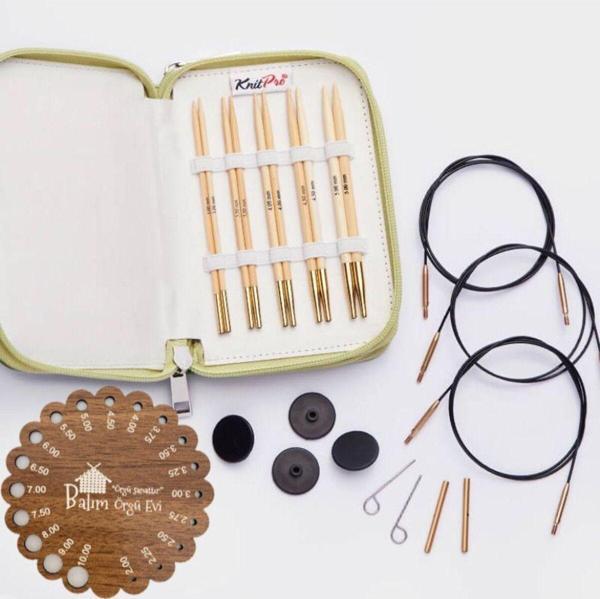 Knitpro Japan Bamboo Değiştirilebilir Misinalı Başlangıç Şiş Seti + Balım Örgü Evi Şiş Ölçer - Image 1
