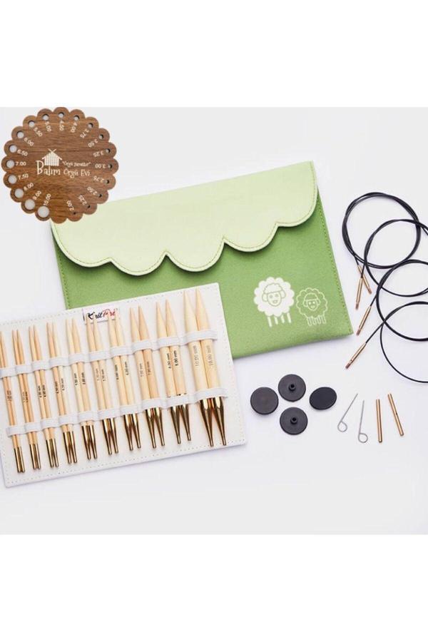 Knitpro Japan Bamboo Değiştirilebilir Misinalı Şiş Seti + Balım Örgü Evi Şiş Ölçer - Image 1