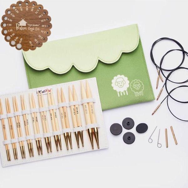 Knitpro Japan Bamboo Değiştirilebilir Misinalı Şiş Seti + Balım Örgü Evi Şiş Ölçer - Image 1