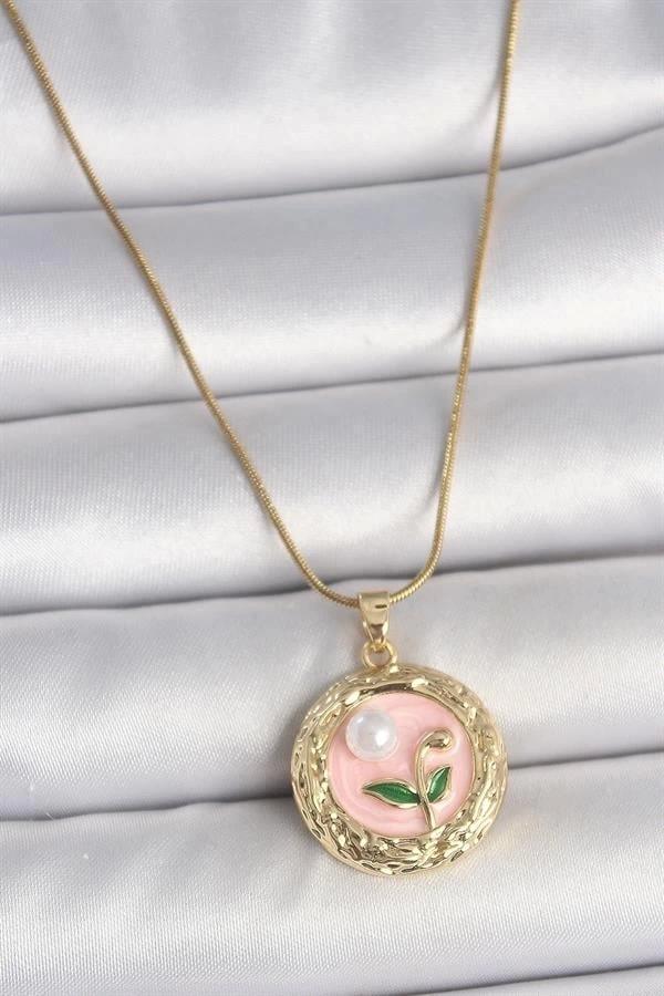 316L Çelik Gold Renk Zincir Pembe Çiçek İşlemeli inci Detay Portre Model Kadın Kolye - Image 1