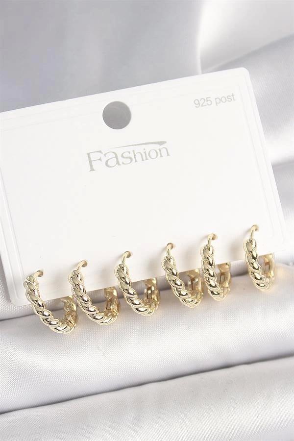 925 Ayar Gümüş Çivi Pirinç Gold Renk Sarmal Halka Model Kadın Küpe Seti - Image 1