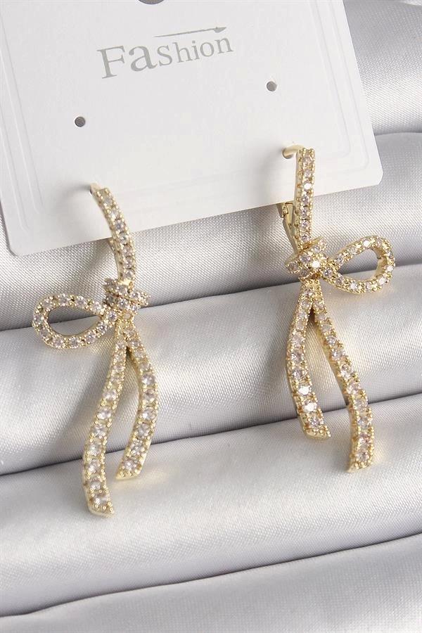 Pirinç Gold Renk Zirkon Taşlı Kurdele Model Kadın Küpe - Image 1