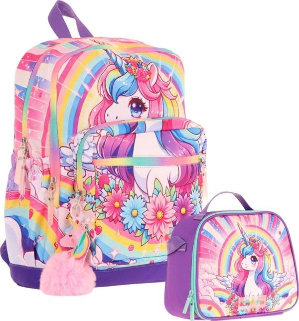 Kaukko Unicorn Baskılı Kız Çocuk Okul Çantası ve Thermo Beslenme Çantası Seti - Pembe Mor (L5249+L7249) - Image 1
