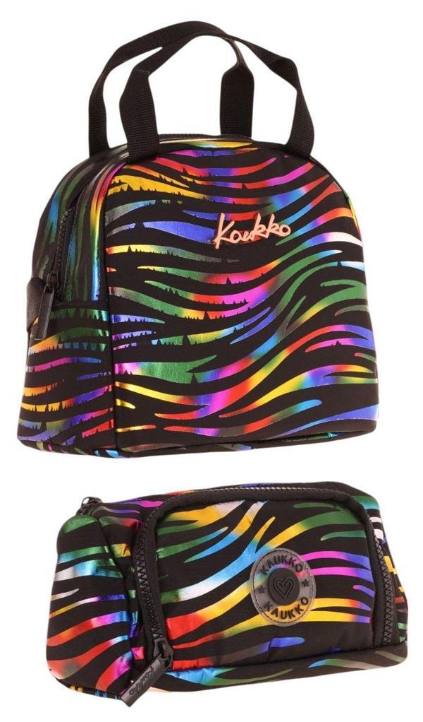 Kaukko Shine Zebra Desenli Siyah Çok Renkli Kız Çocuk Beslenme Çantası ve Kalem Çantası Seti - Image 1