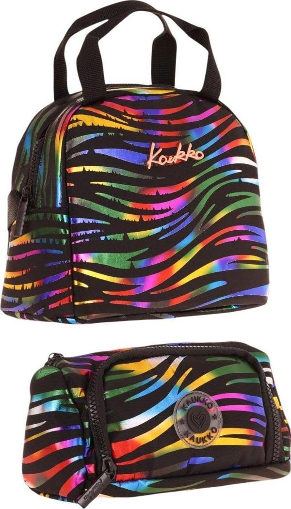Kaukko Shine Zebra Desenli Siyah Çok Renkli Kız Çocuk Beslenme Çantası ve Kalem Çantası Seti - Image 1