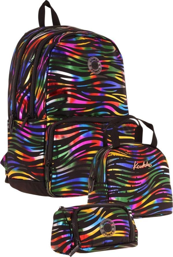Kaukko Shine Siyah Çok Renkli Zebra Desenli Kız Çocuk Üçlü Okul Çanta Seti - Image 1