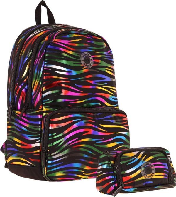Kaukko Shine Kız Çocuk Zebra Desenli Siyah Çok Renkli İlkokul, Ortaokul Sırt Çantası ve Kalemlik Seti - Image 1