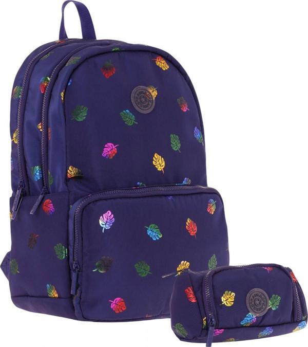 Kaukko Shine Kız Çocuk Yaprak Desenli Lacivert İlkokul, Ortaokul Sırt Çantası ve Kalemlik Seti - Image 1