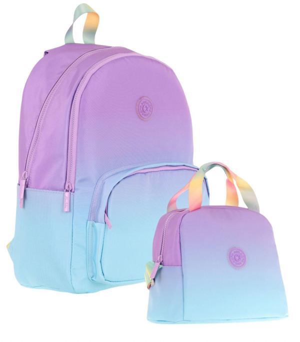 Kaukko Rainbow Üç Bölmeli İlkokul Çantası ve Beslenme Çantası Seti - Mor Turkuaz Renk Geçişli - Image 1