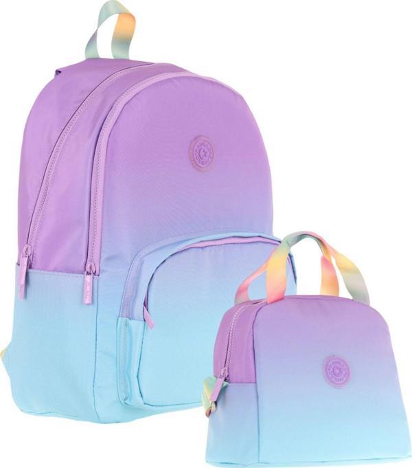 Kaukko Rainbow Üç Bölmeli İlkokul Çantası ve Beslenme Çantası Seti - Mor Turkuaz Renk Geçişli - Image 1