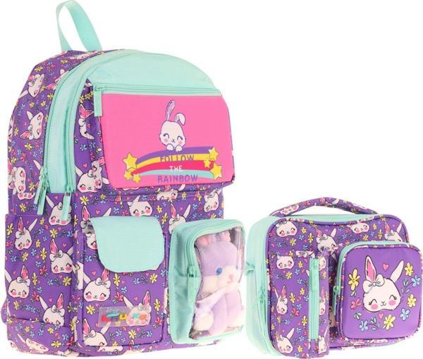 Kaukko Peluş Tavşanlı Mor Yeşil Kız ÇocukLar İçin Okul Çantası ve Beslenme Çantası Seti (L5242+L7242) - Image 1