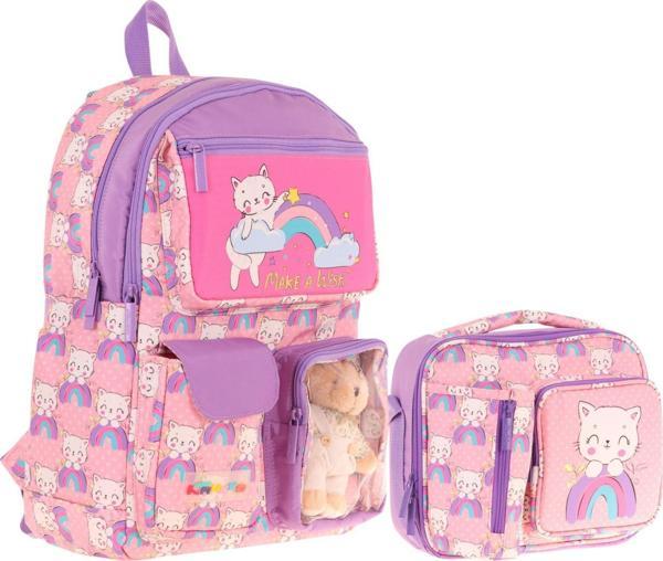 Kaukko Peluş Kedili Pembe Mor Kız ÇocukLar İçin Okul Çantası ve Beslenme Çantası Seti (L5241+L7241) - Image 1