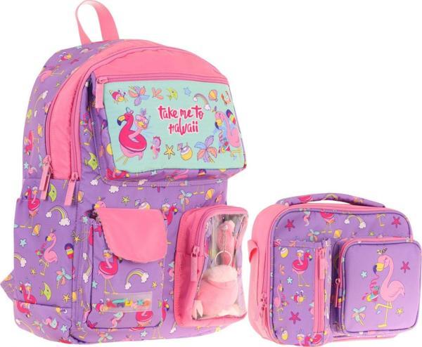 Kaukko Peluş Flamingolu Mor Pembe Kız ÇocukLar İçin Okul Çantası ve Beslenme Çantası Seti (L5240+L7240) - Image 1