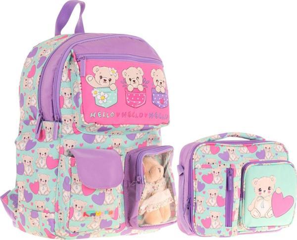 Kaukko Peluş Ayıcıklı Yeşil Mor Kız ÇocukLar İçin Okul Çantası ve Beslenme Çantası Seti (L5239+L7239) - Image 1