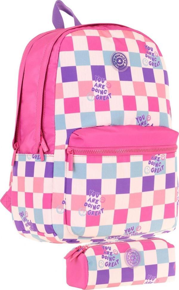 Kaukko Nature Dama Desenli Pembe Kız Çocuk Okul Çantası ve Kalemlik Okul Seti - Image 1