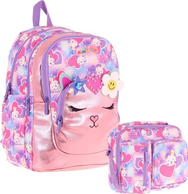 Kaukko Kids Okul ve Beslenme Çantası Seti (Kız Çocuk) - Kedi Şekilli Pembe Mor - (L5219+L7219) - Image 1