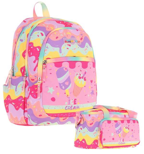 Kaukko Kids Kız Çocuk Okul Çantası ve Isı Yalıtımlı Beslenme Çantası Seti (L5232+L7232) Dondurma Baskılı - Pembe Sarı - Image 1