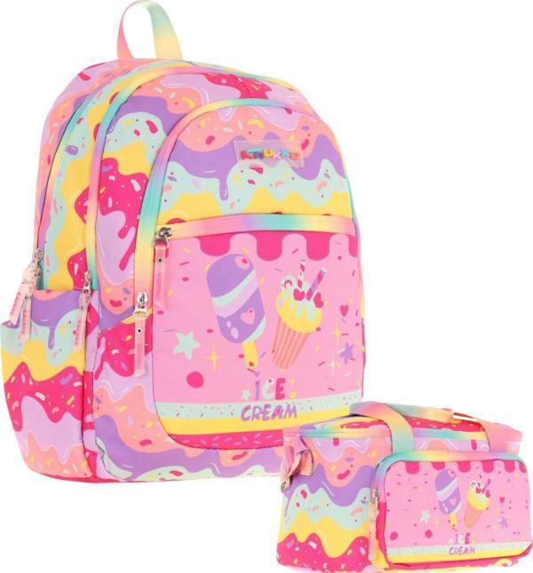 Kaukko Kids Kız Çocuk Okul Çantası ve Isı Yalıtımlı Beslenme Çantası Seti (L5232+L7232) Dondurma Baskılı - Pembe Sarı - Image 1