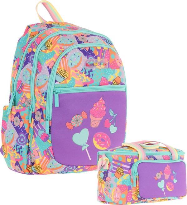 Kaukko Kids Kız Çocuk Okul Çantası ve Isı Yalıtımlı Beslenme Çantası Seti (L5231+L7231) Şekerleme Desenli - Yeşil Mor - Image 1
