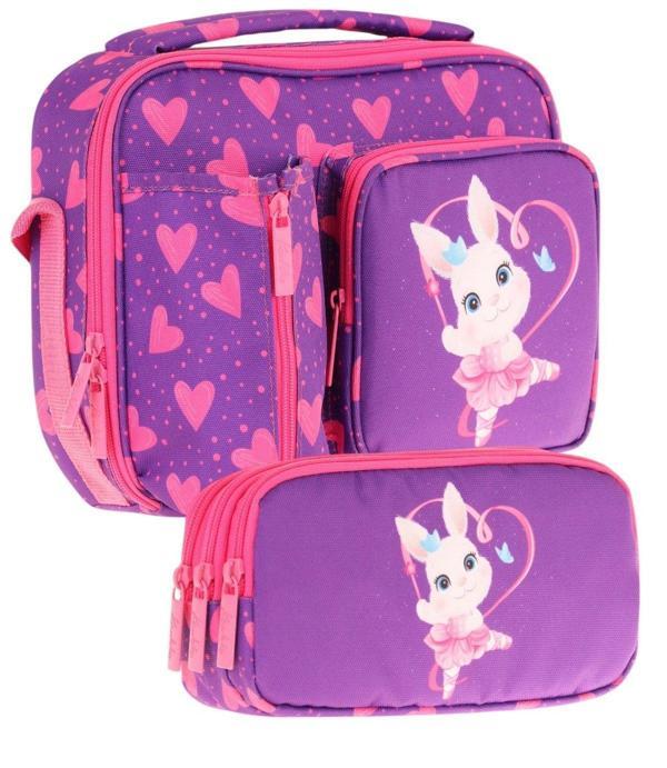 Kaukko Kids Kız Çocuk Mor Pembe Kalpli Tavşan Desenli Üç Bölmeli Thermo Beslenme Çantası ve Kalemlik Seti (L7246+L8246) - Image 1