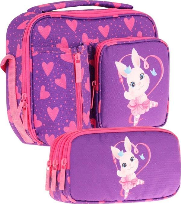 Kaukko Kids Kız Çocuk Mor Pembe Kalpli Tavşan Desenli Üç Bölmeli Thermo Beslenme Çantası ve Kalemlik Seti (L7246+L8246) - Image 1