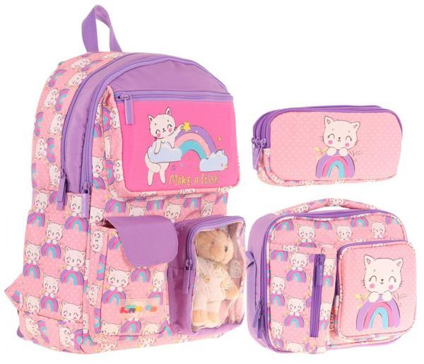 Kaukko Kids Kız Çocuk İlkokul Okul Çantası Seti - Peluş Kedili - Pembe Mor (L5241+L7241+L8241) - Image 1