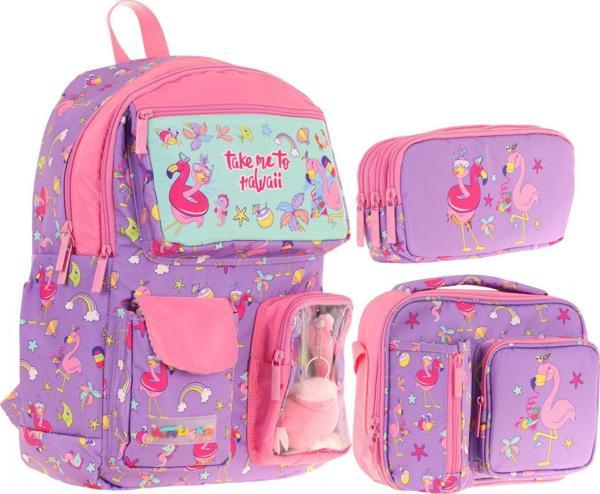Kaukko Kids Kız Çocuk İlkokul Okul Çantası Seti - Peluş Flamingolu - Mor Pembe (L5240+L7240+L8240) - Image 1