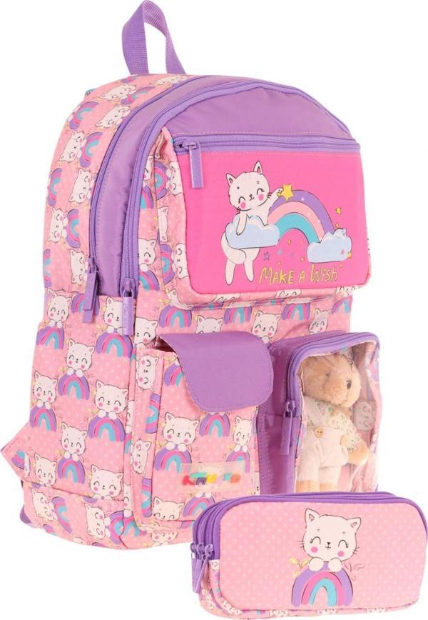 Kaukko Kız Çocuk Beş Bölmeli Okul Çantası ve Üç Bölmeli Kalemlik Seti - Peluş Kedili - Pembe Mor - Image 1