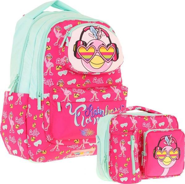 Kaukko Kız Çocuk 3D Flamingo Şekilli Kırmızı Yeşil Okul Sırt Çantası ve Isı Yalıtımlı Beslenme Çantası Seti - Image 1