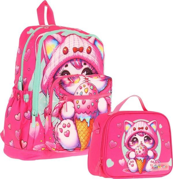 Kaukko Dondurma Yiyen Kedi Baskılı Kız Çocuk Okul Çantası ve Thermo Beslenme Çantası Seti - Pembe (L5250+L7250) - Image 1