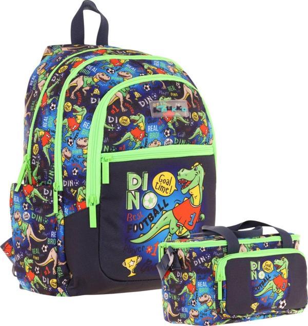 Kaukko Çanta Dinazor Desenli Erkek Çocuk Siyah Yeşil Okul Çantası ve Thermo Beslenme Çantası Takımı (L5266+L7266) - Image 1