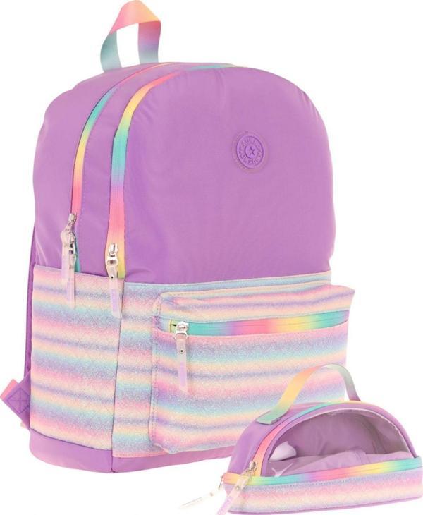 Kaukko Brush Okul Çantası ve İki Bölmeli Kalemlik Seti - Kız çocuk - Mor Çok Renkli - K1822+K2733 - Image 1