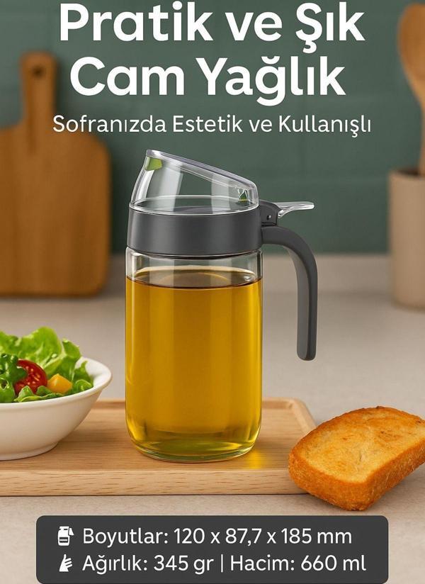 660 ml Şeffaf Cam Yağdanlık – Zeytinyağı, Sirke, Nar Ekşisi İçin İdeal Antrasit - Image 1