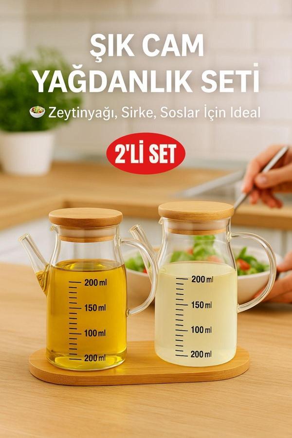 2’li Cam Yağlık Sirkelik Seti 200 ml Ölçülü Borosilikat Cam Yağdanlık + Bambu Stand - Image 1