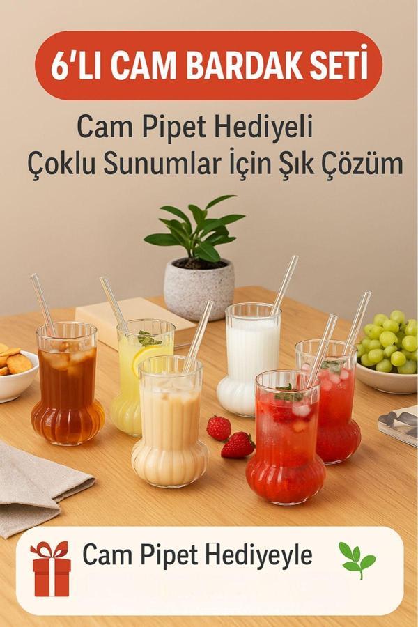6 Adet Premium Cam Bardak Cam Pipet Hediyeli– Soğuk Kahve, Limonata ve Soda Sunumlar 500 ml - Image 1