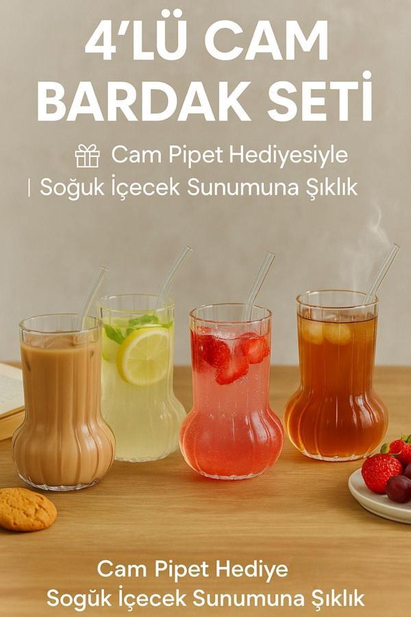 4 Adet Premium Cam Bardak Cam Pipet Hediyeli– Soğuk Kahve, Limonata ve Soda Sunumlar 500 ml - Image 1