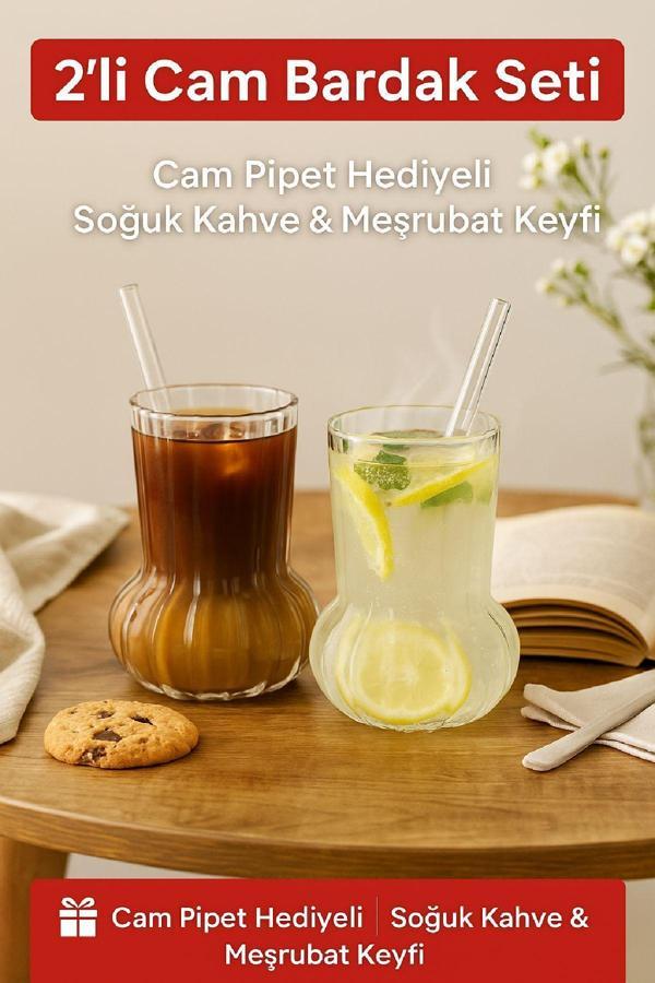 2 Adet Premium Cam Bardak Cam Pipet Hediyeli– Soğuk Kahve, Limonata ve Soda Sunumlar 500 ml - Image 1