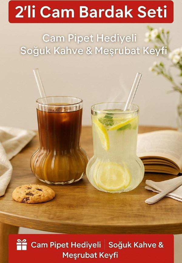 2 Adet Premium Cam Bardak Cam Pipet Hediyeli– Soğuk Kahve, Limonata ve Soda Sunumlar 500 ml - Image 1