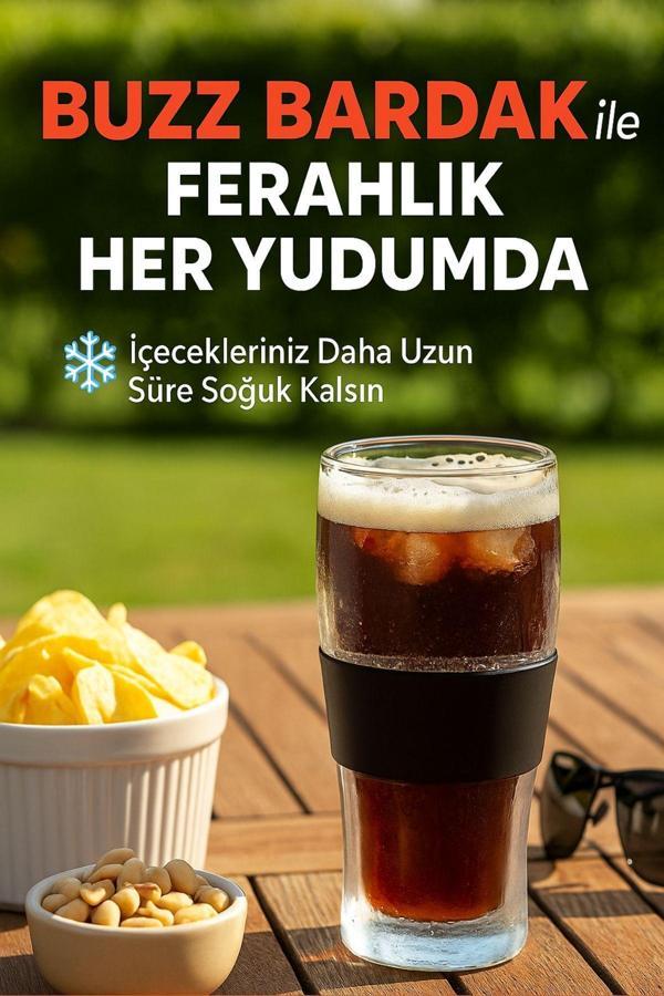 BUZZ BARDAK – 470 ML Aktif Jel Soğutmalı Cam Bardak | Silikon Tutuş Bantlı Siyah - Image 1